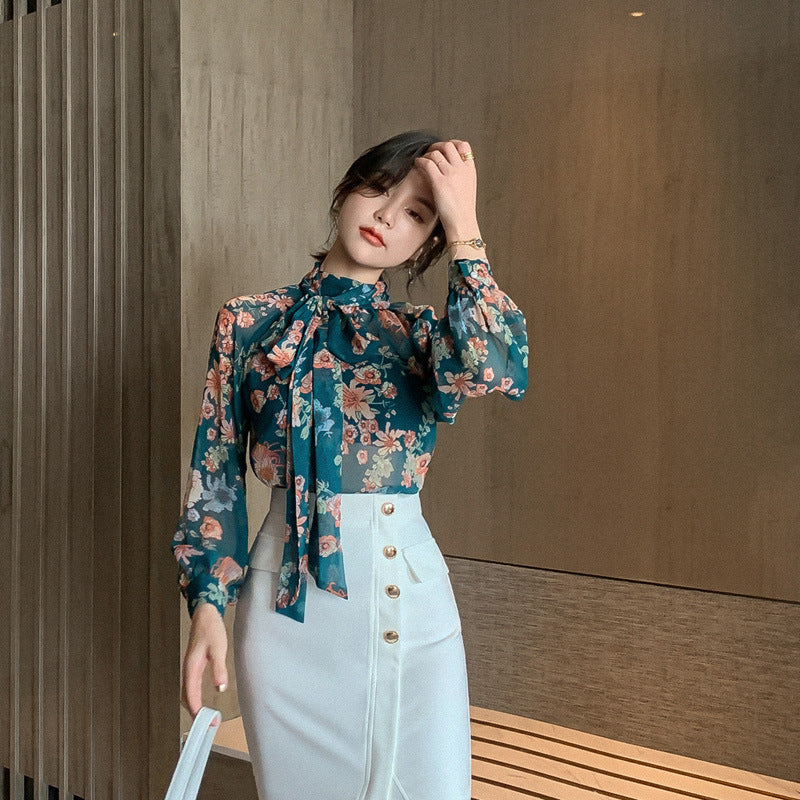 Women's Floral Shirt with Lantern Sleeves – S, M, L