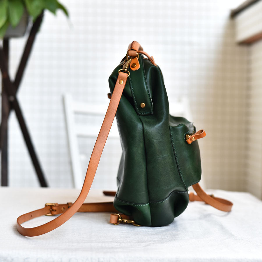 Retro Green Leather Backpack for Women First Layer Cowhide Soft