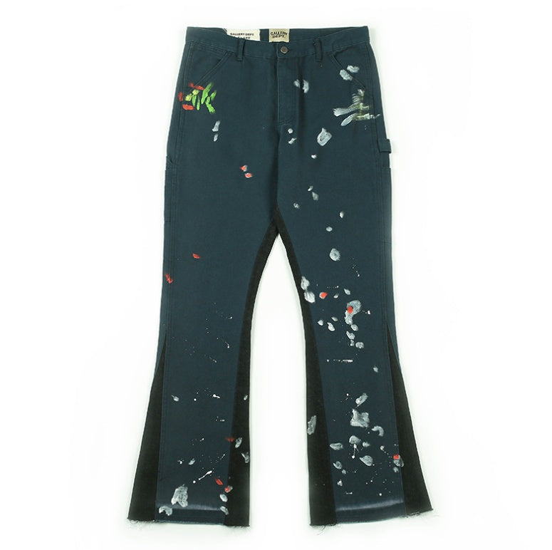 Hand Painted Graffiti Splash Ink High Waist Distressed Wide Leg Jeans Blue M-XXL