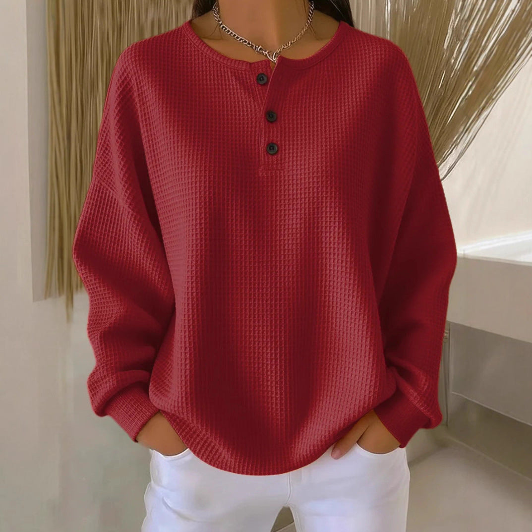 Haut pull à manches longues en tricot gaufré avec boutons, couleur unie, pour femme