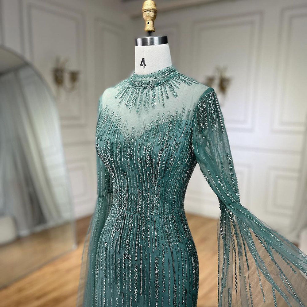 Elegant Water Green Flounced Sleeve Split Fishtail Dress