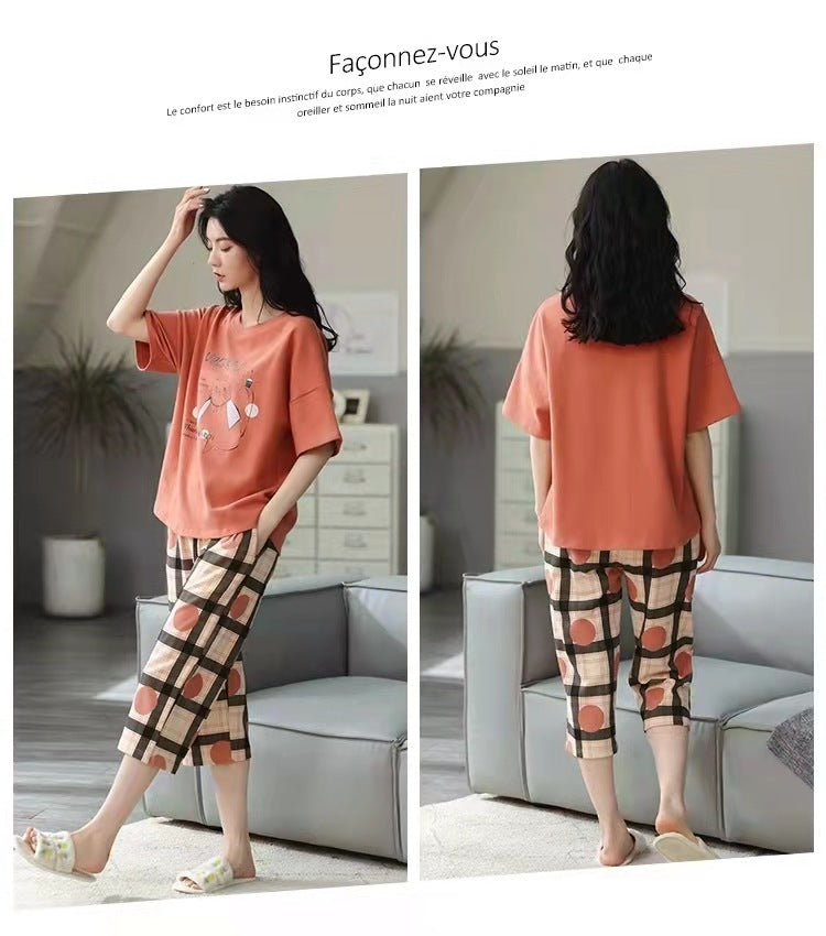 Pajamas Women's Short-sleeved Cropped Pants Suit Plus Size Homewear
