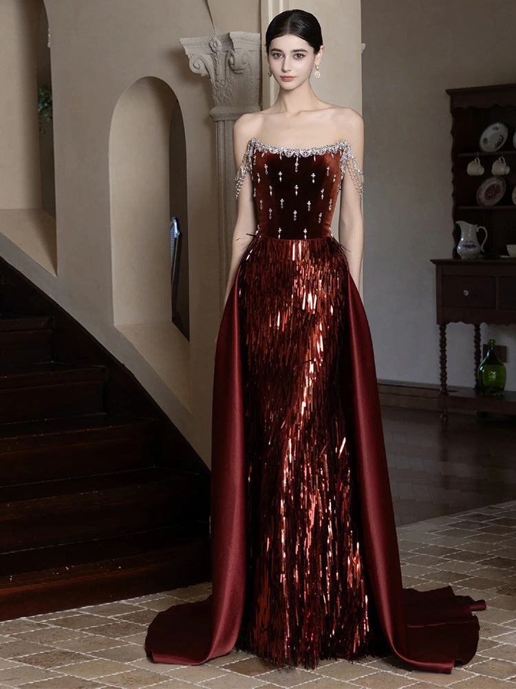 Wine Red French Evening Dress for Toasting Women