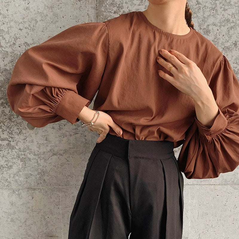 Women's Autumn Cotton Crew Neck Lantern Sleeve Shirt