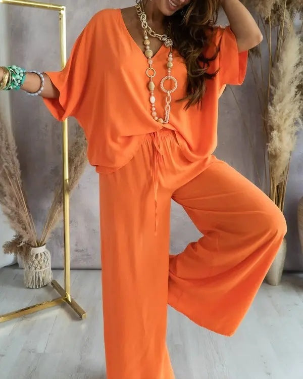 Women's Bat Sleeve Top and Casual Pants Set