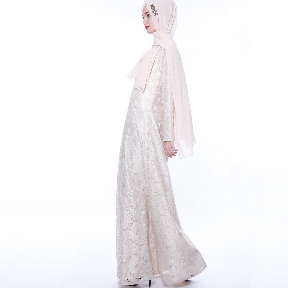 Arab Women's Summer Lace Muslim Dress Long Sleeve A-Line