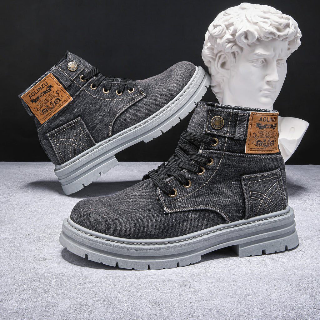Chaussures de skate montantes en jean avec talon compensé bleu et noir