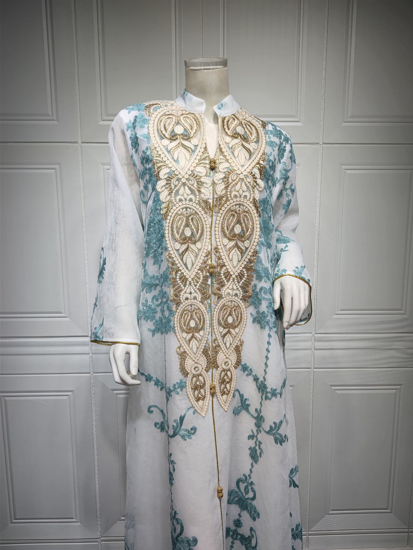 Arabian Women's Casual Embroidered Dress in White, Blue & Apricot