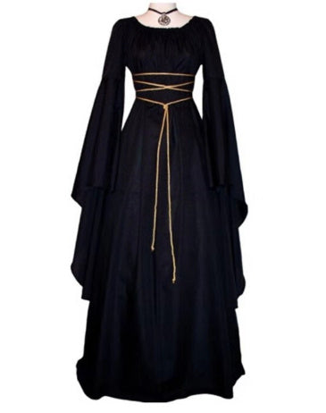 Robe d'Halloween pour femme, manches longues, col rond et ceinture, coupe asymétrique, costume de sorcière.