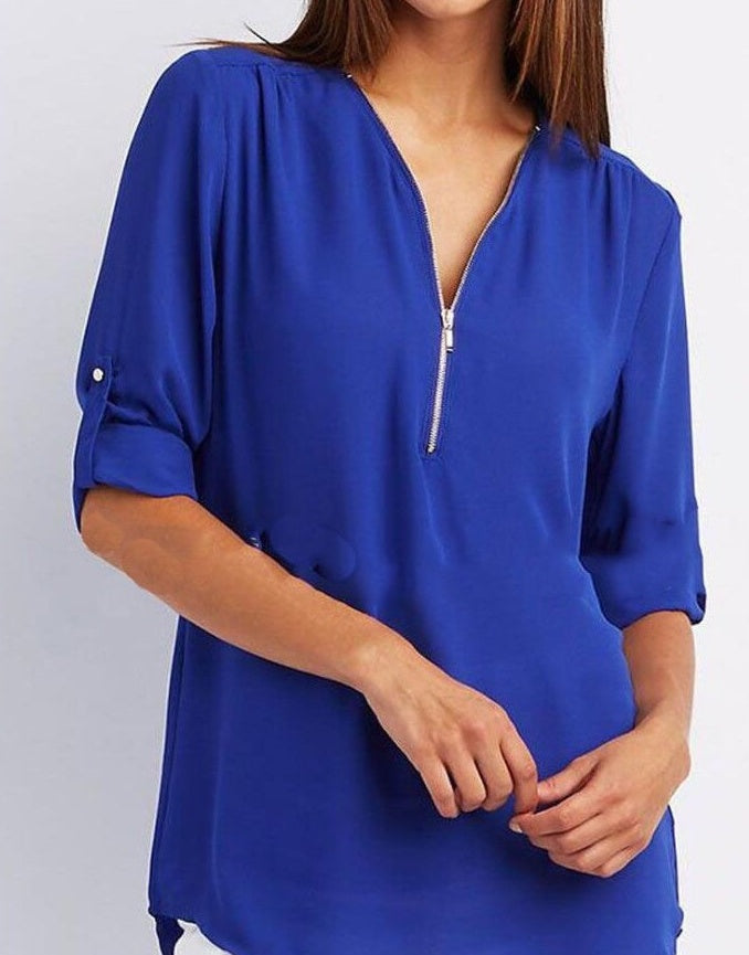 Chemisier ample zippé à col en V et manches courtes pour femme, disponible en plusieurs coloris