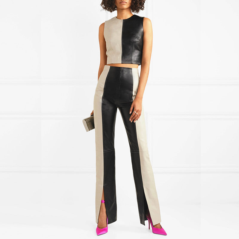 High Waist Slim Two-Tone Patchwork PU Leather Pants