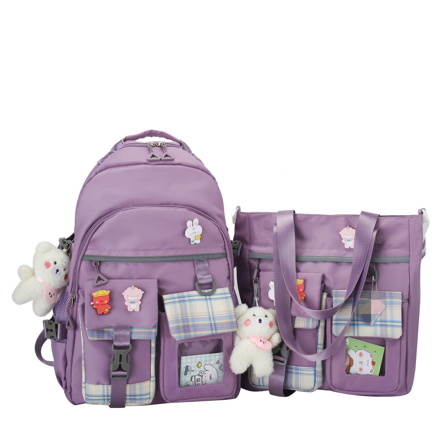 Harajuku Preppy Nylon Backpack Two-Piece Set with Stripes, 33x44x14cm