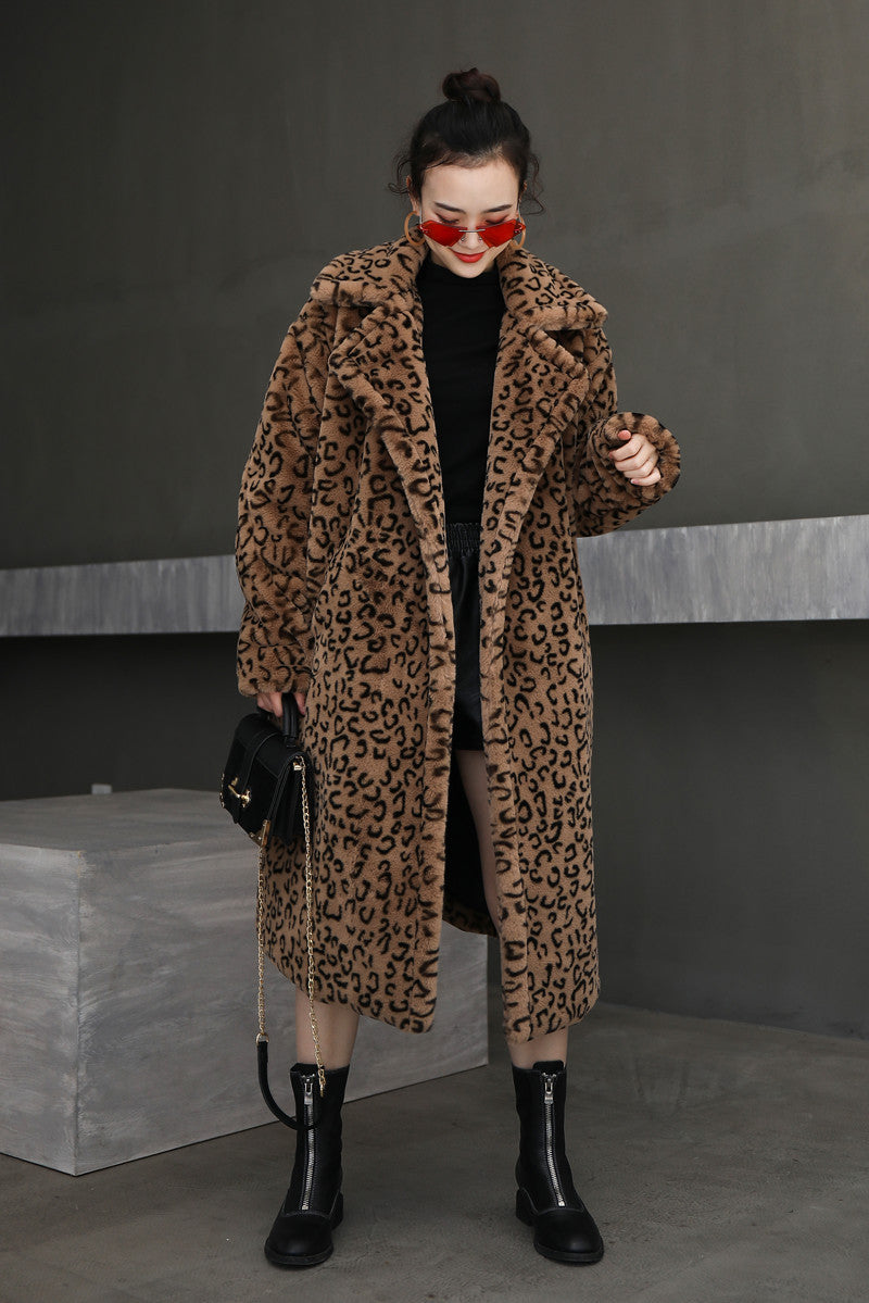 Leopard Print Oversized Fur Coat with Suit Collar in Brown & Gray