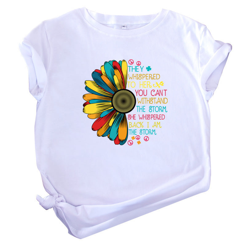 Europe and America Sunflower Print Short Sleeve T-shirt