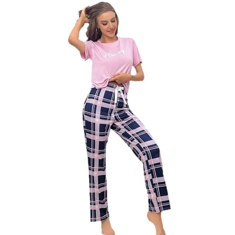 Short Sleeve Plaid Cropped Pants Casual
