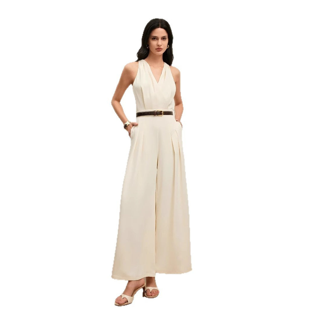 Women's Apricot V-Neck Sleeveless Polyester Jumpsuit