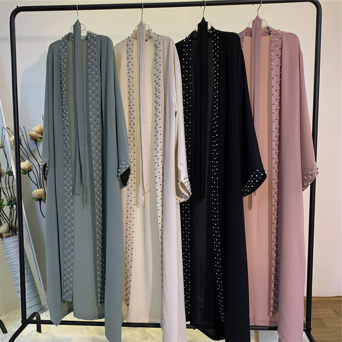 Beaded Lace-Up Cardigan Robe for Middle Eastern Women in Ice Silk