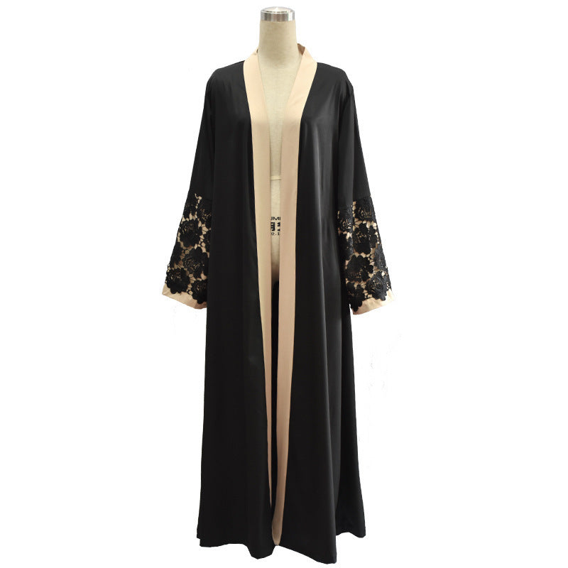 Black Lace Cuffs Long Sleeve Loose Lace-Up Cardigan Robe for Women S-2XL
