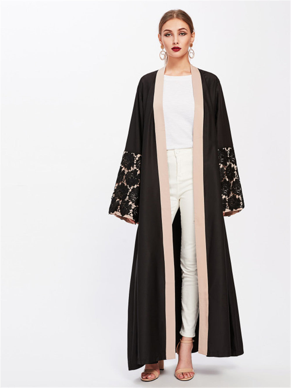 Black Lace Cuffs Long Sleeve Loose Lace-Up Cardigan Robe for Women S-2XL