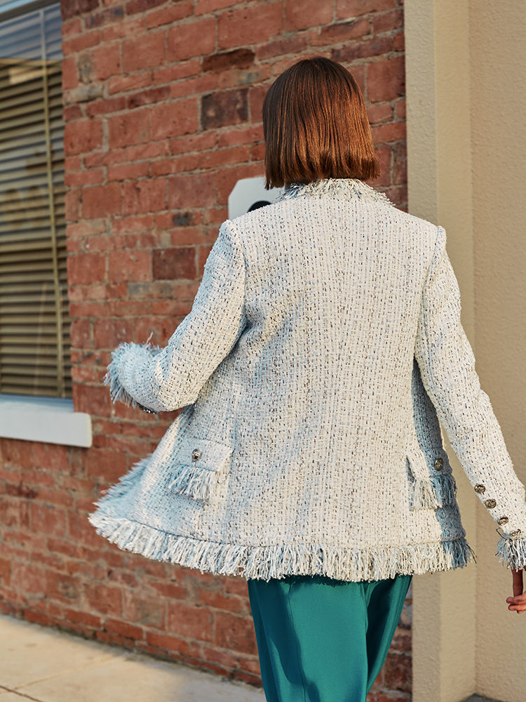 Veste en laine à franges pour femme à grand revers, coupe ajustée