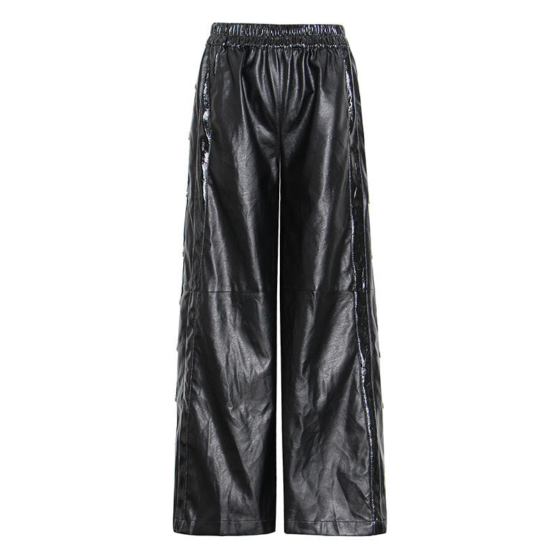 Sexy High-Waist PU Leather Wide-Leg Pants with Side Button Split