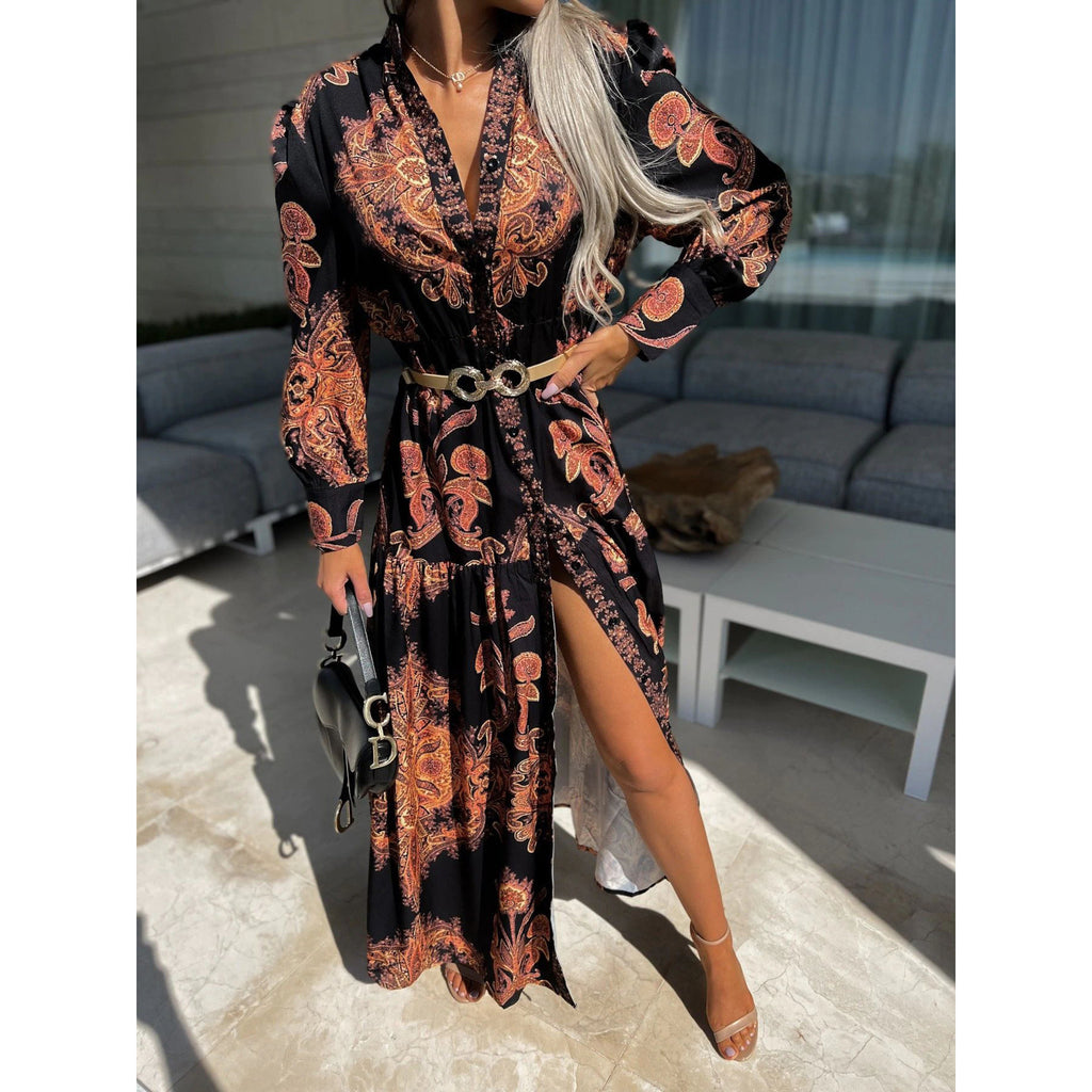 Casual Geometric Print Slit Long Dress