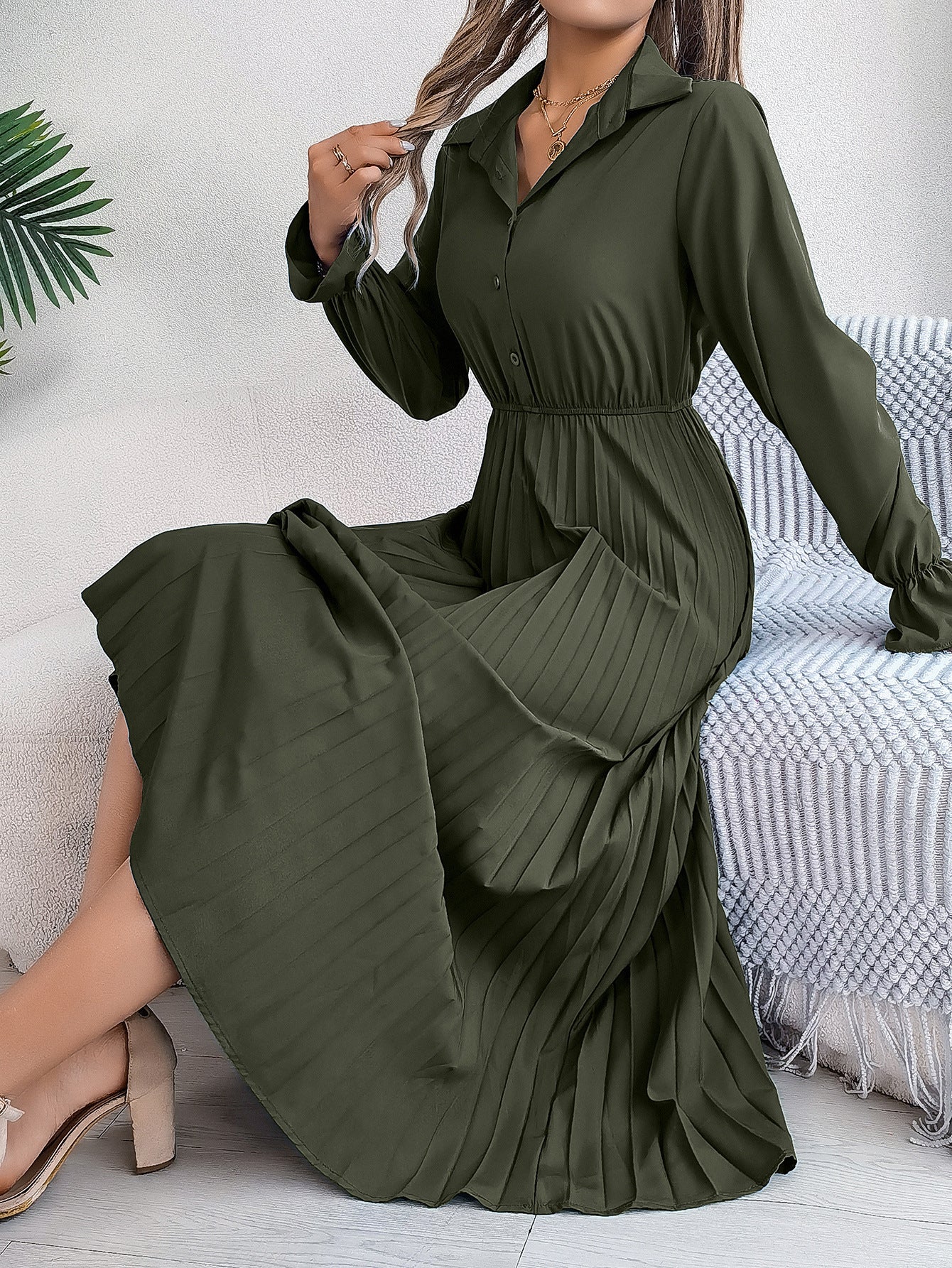 Autumn & Spring Long Sleeve Pleated Dress with Lapel and Button