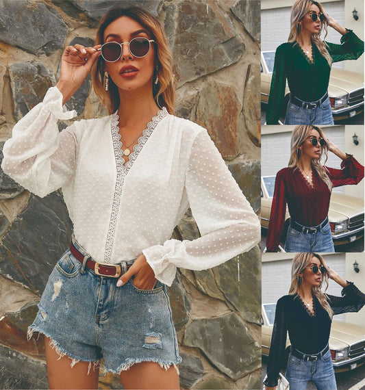 Paneled Lace VNeck Long Sleeve Dot Chiffon Shirt Top