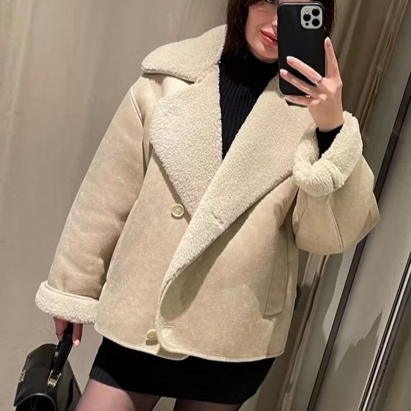 Milky White Polo Collar Suede Fleece-Lined Warm Coat for Women