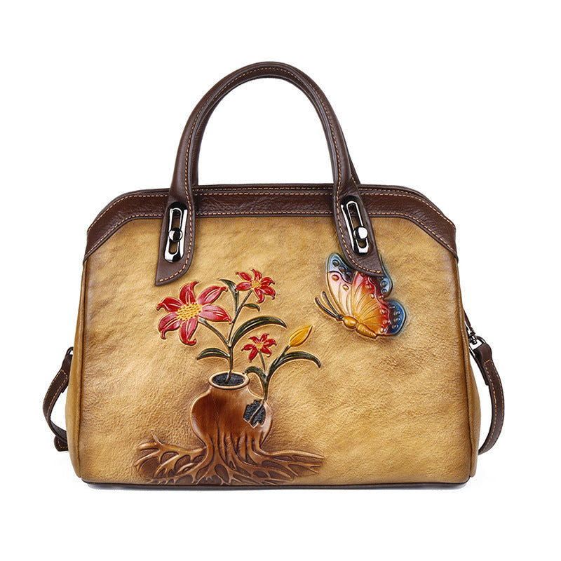 Sac à main Boston vintage en cuir de vachette gaufré floral chinois 32x11x24cm