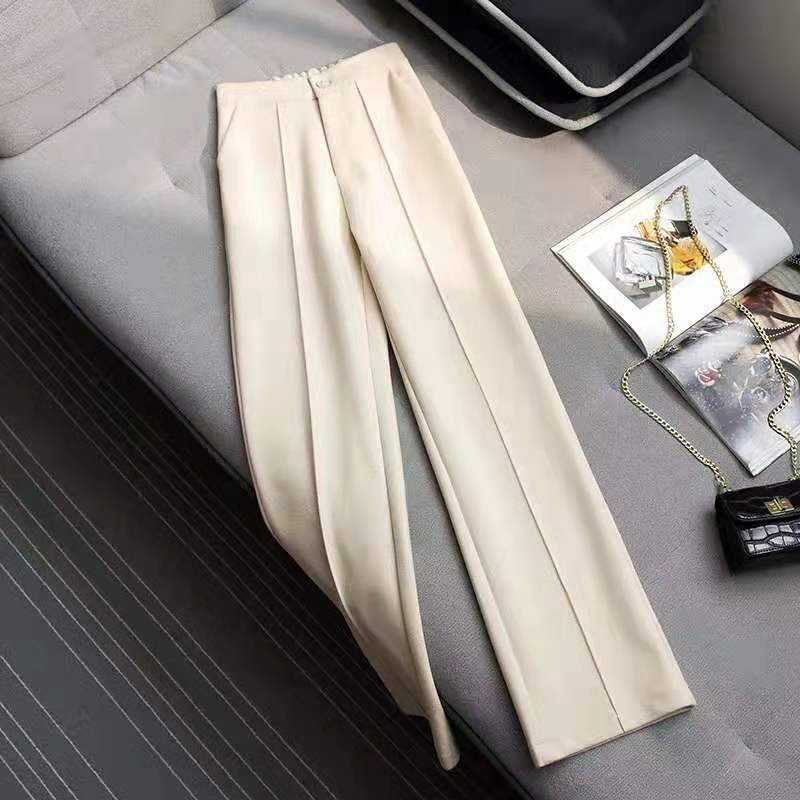 Pantalon droit taille haute en mélange laine et coton
