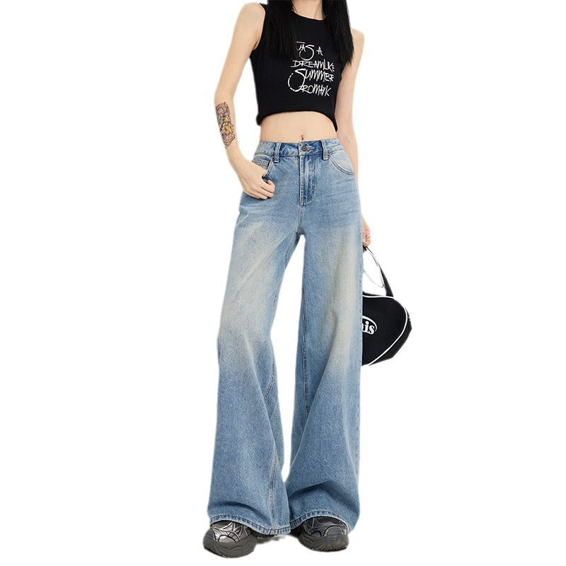 Jeans taille haute rétro bleus coupe large pour femme