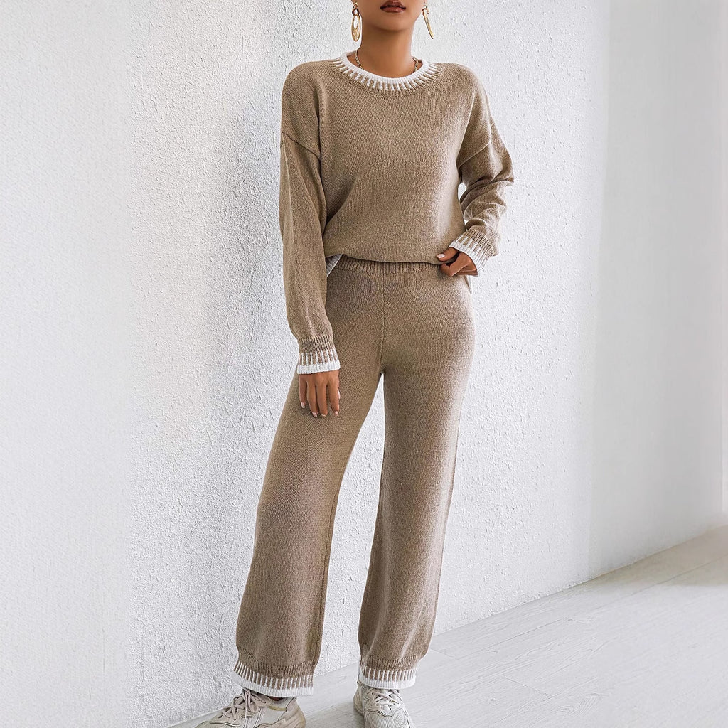 Women's Khaki & Black Woven Suit Pullover with Wide-Leg Pants