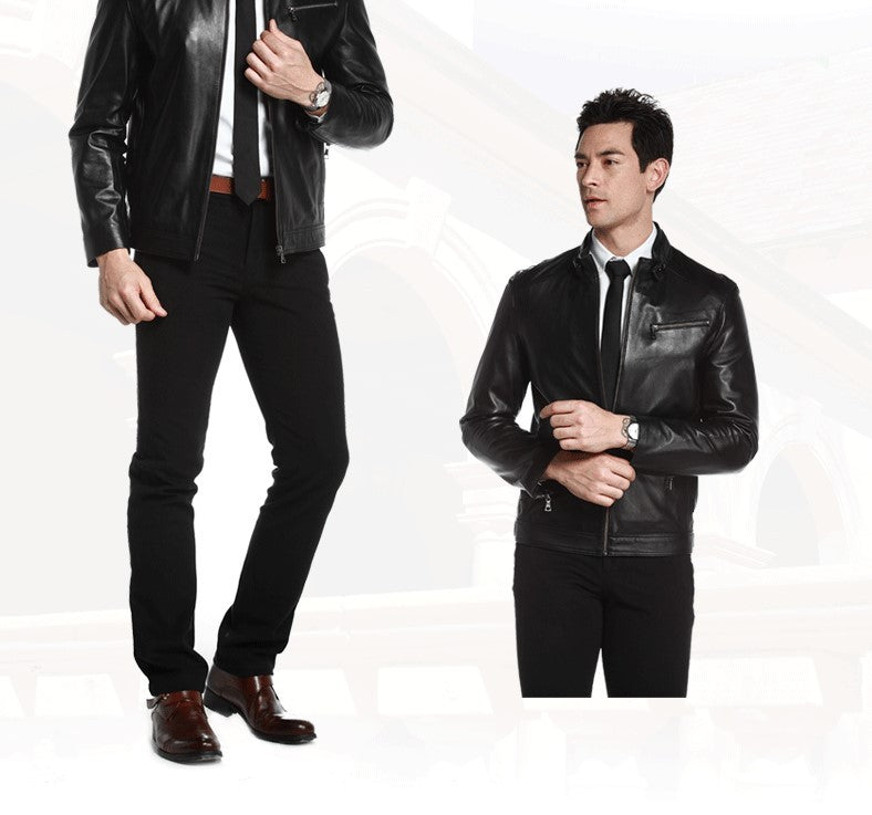 Men's Fit Sheepskin Leather Jacket with Stand-Up Collar and Zipper Closure