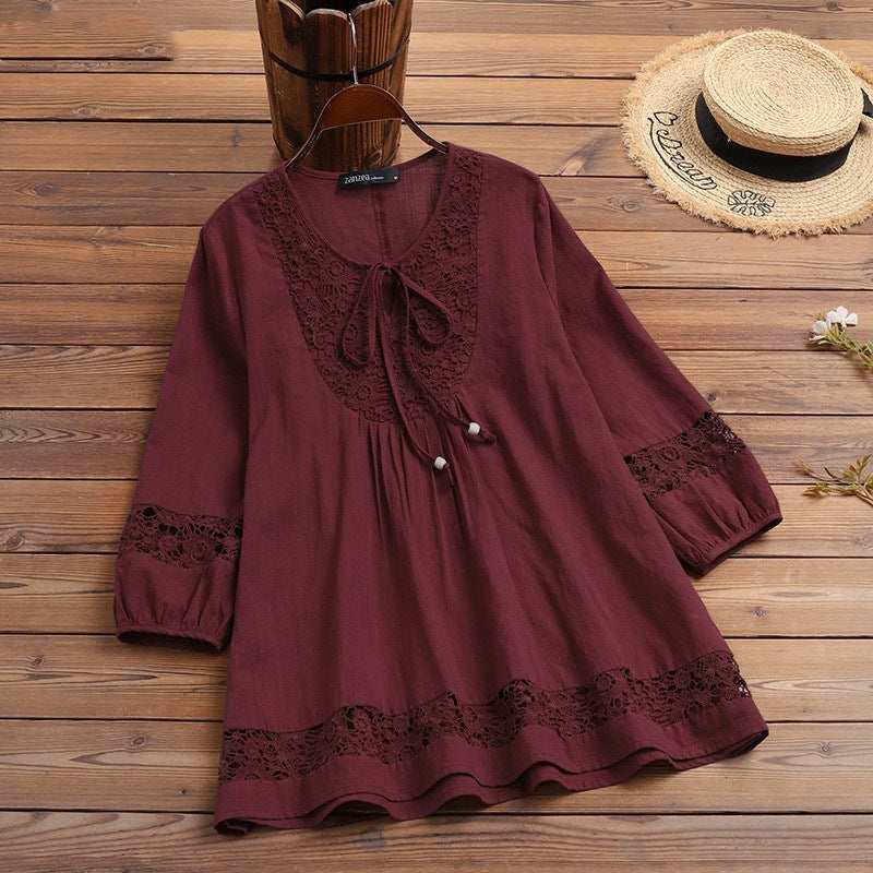 Cotton Linen Lace 3/4 Sleeve Loose Women's Top T-Shirt