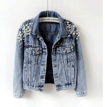 Spring and autumn Korean version heavy industry fashion nail bead short denim coat