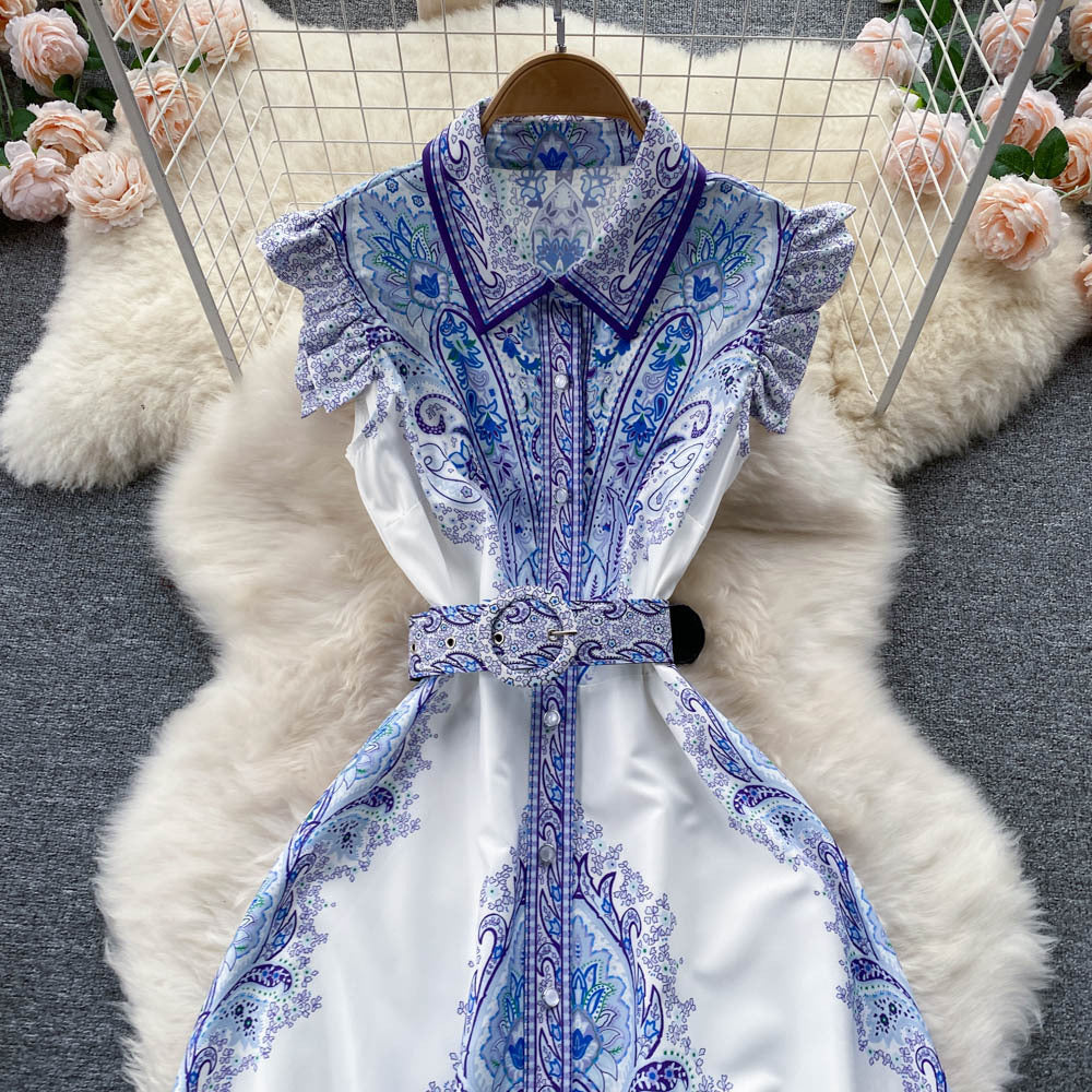 Robe Rétro Femme d'Été Col Polo Taille Haute à Lacets, Blanche et Bleue
