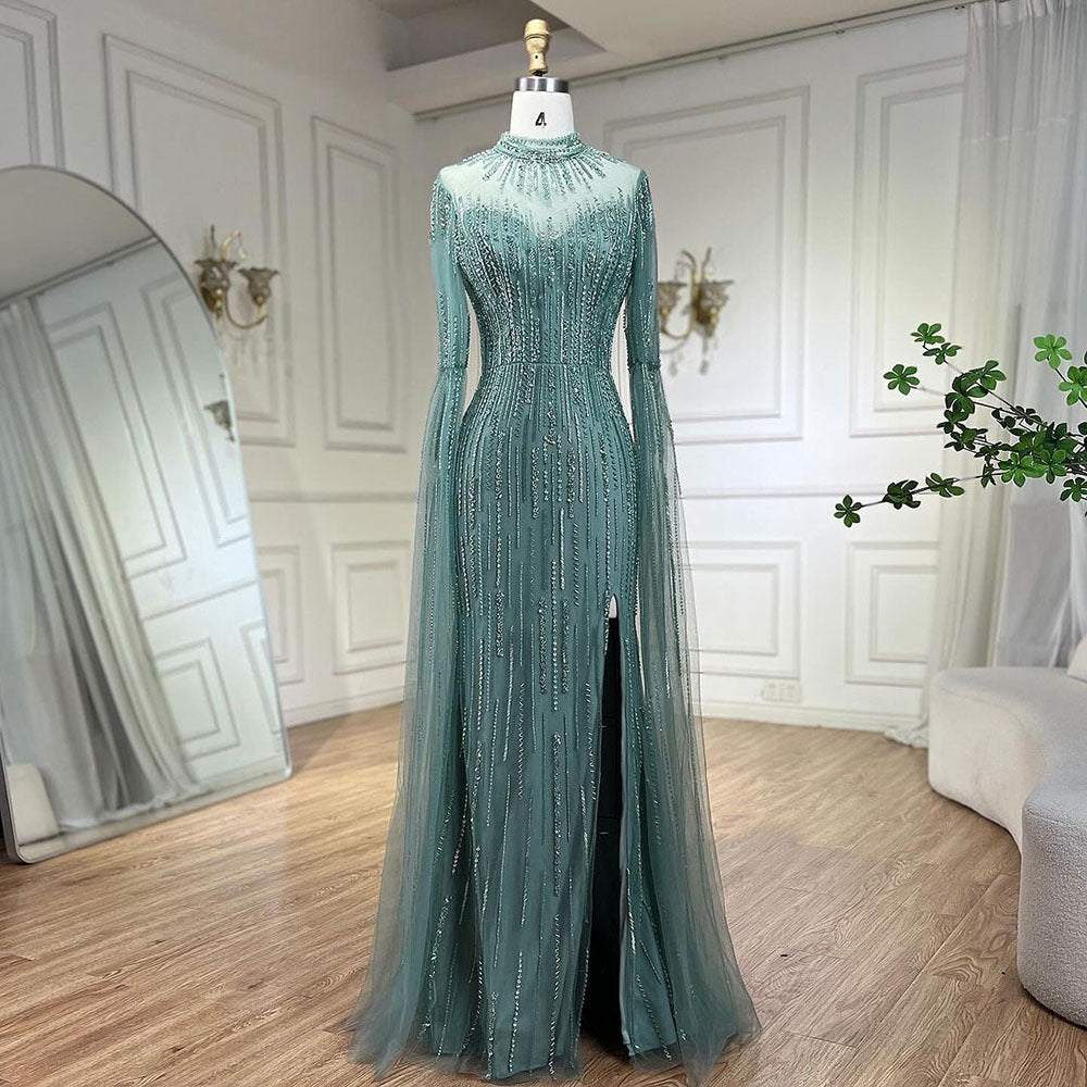 Elegant Water Green Flounced Sleeve Split Fishtail Dress