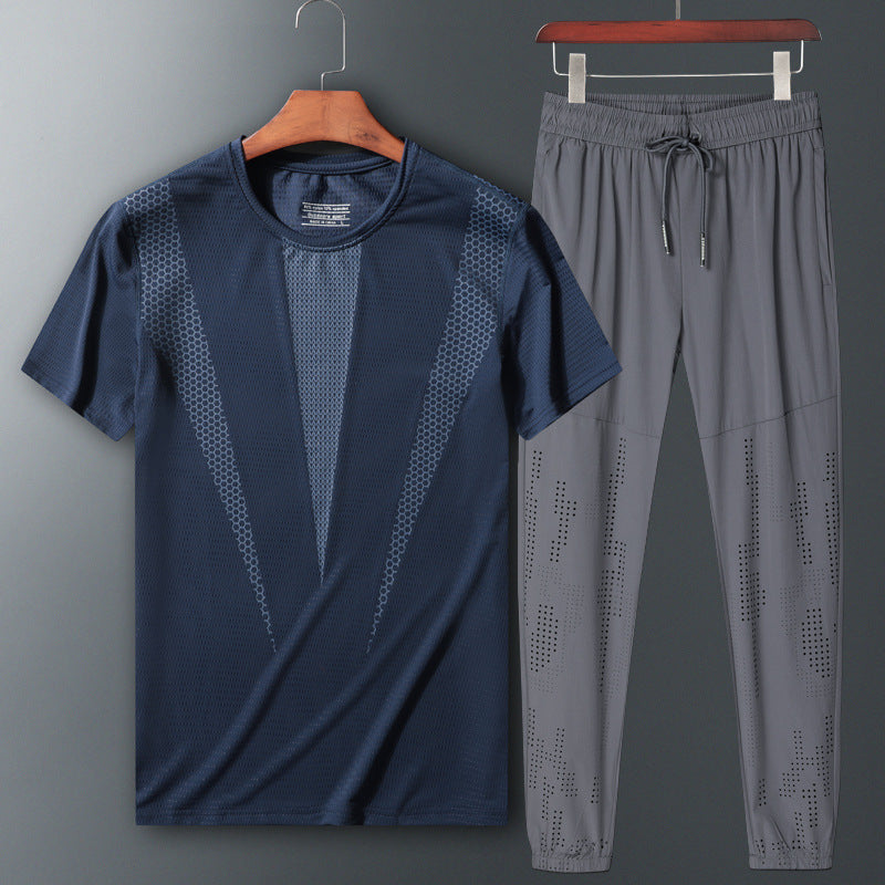 Two-Piece Short Sleeve Sportswear Set with T-Shirt and Trousers