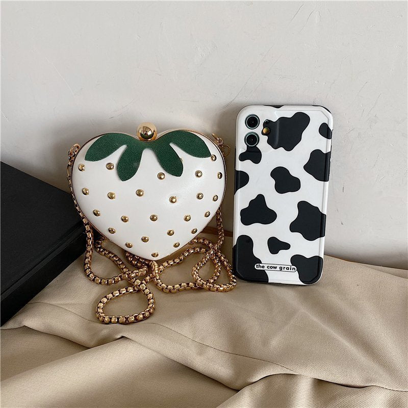 Sac à chaîne en forme de cœur fraise – Petite pochette en PU 14x12x8cm