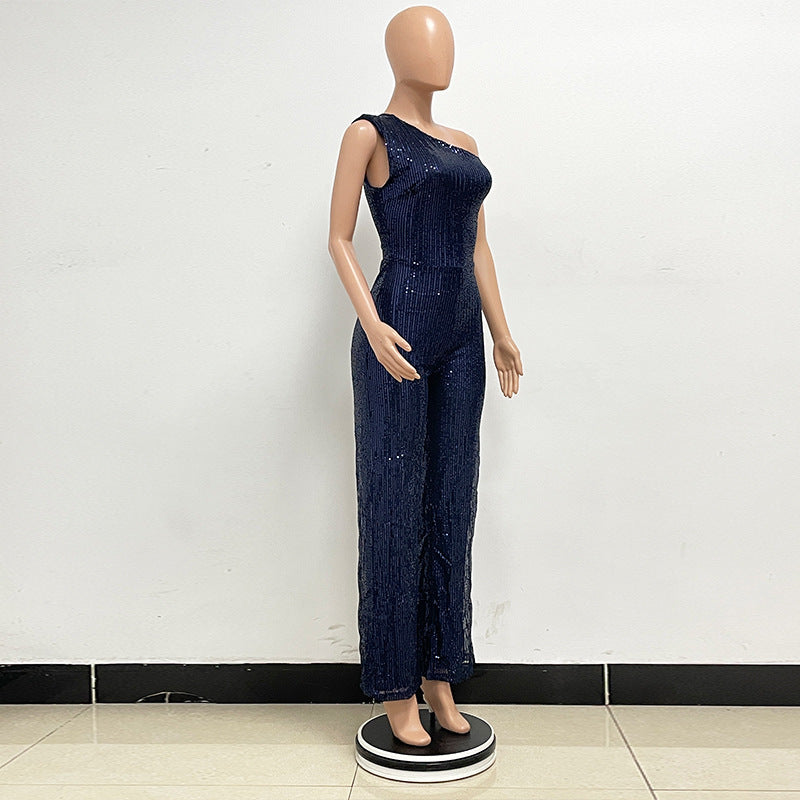 Sleeveless One-Shoulder High Waist Sequined Jumpsuit