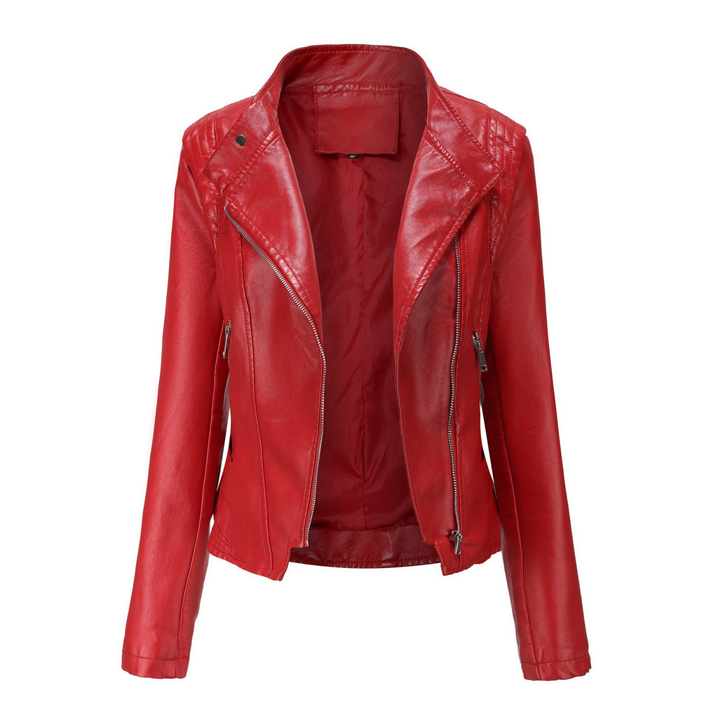 Women’s Slim-Fit PU Lapel Leather Coat with Pockets
