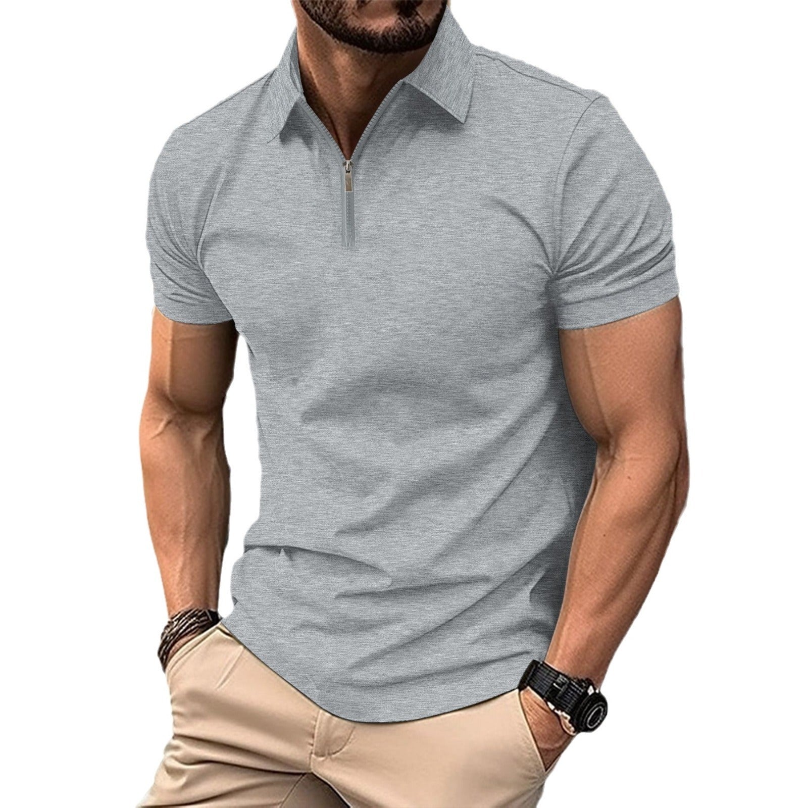 Men's Zipper Lapel Polo Shirt Short Sleeve