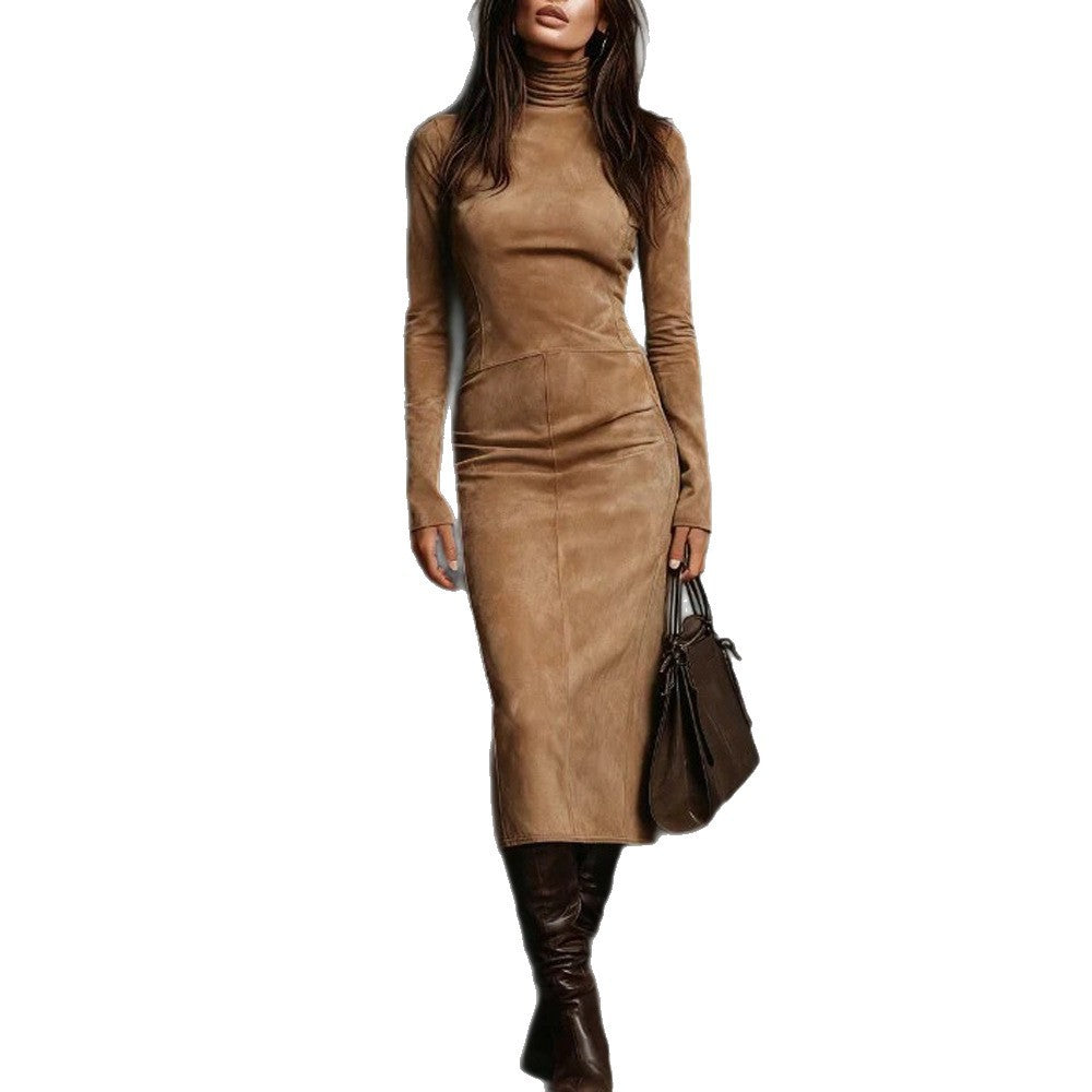 Robe crayon moulante mi-longue à col roulé et manches longues pour femme
