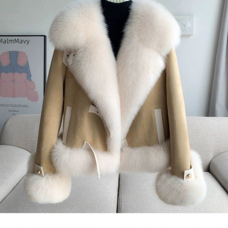Manteau de fourrure rose abricot kaki pour femme avec manches volantées
