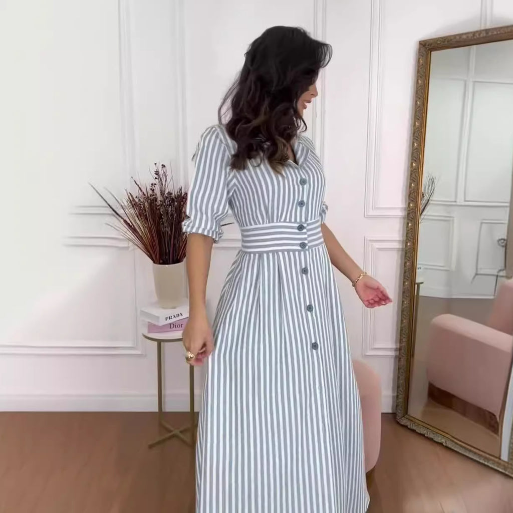 Élégante chemise longue rayée de style européen et américain avec une touche de tempérament