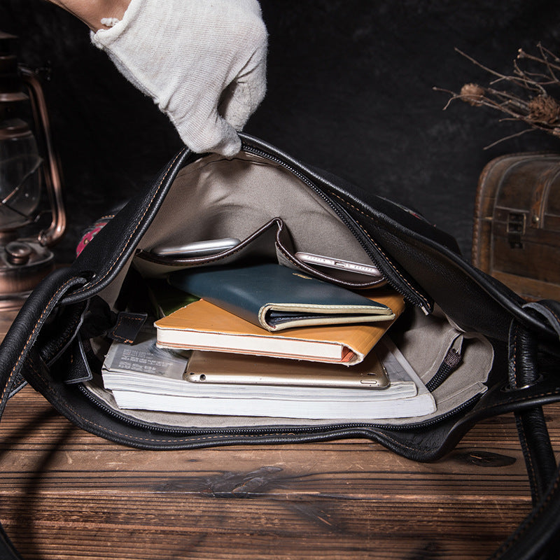 Sac à bandoulière en cuir de vachette grande capacité pour femme, noir et café