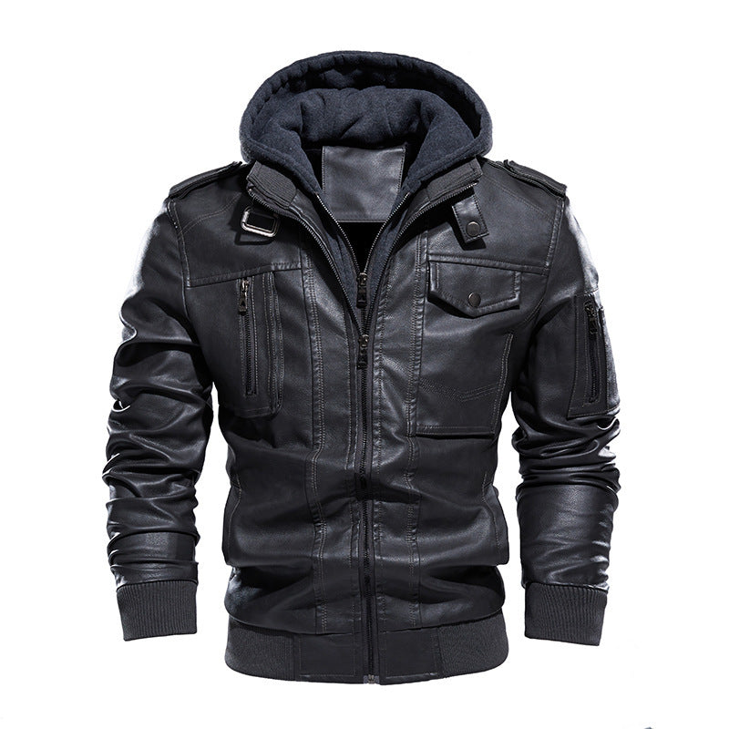 Men's Washed PU Leather Jacket with Removable Hood and Zipper Closure