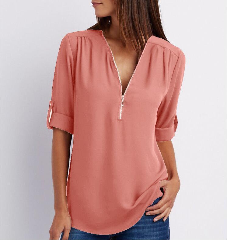Chemisier ample zippé à col en V et manches courtes pour femme, disponible en plusieurs coloris