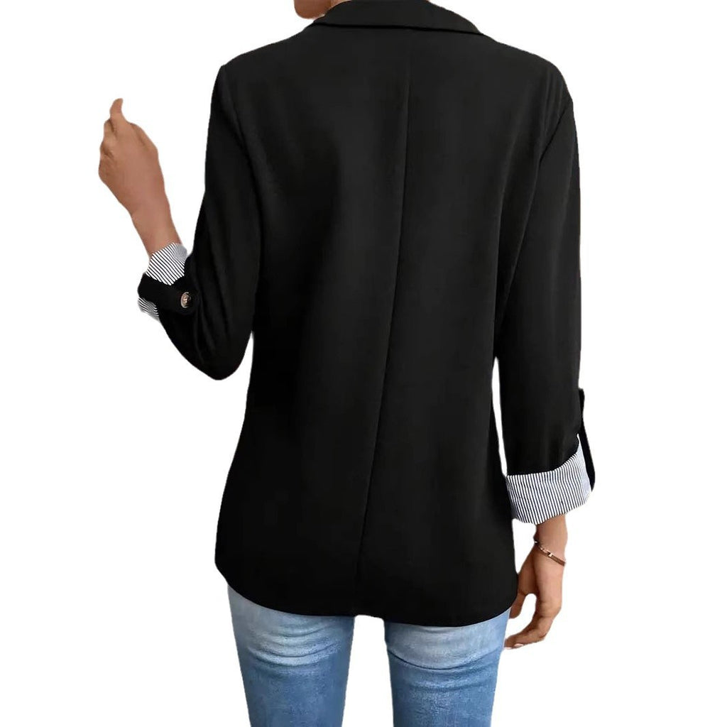 Slim-Fit Cropped Button Suit Jacket with Roll-Up Sleeves for Women
